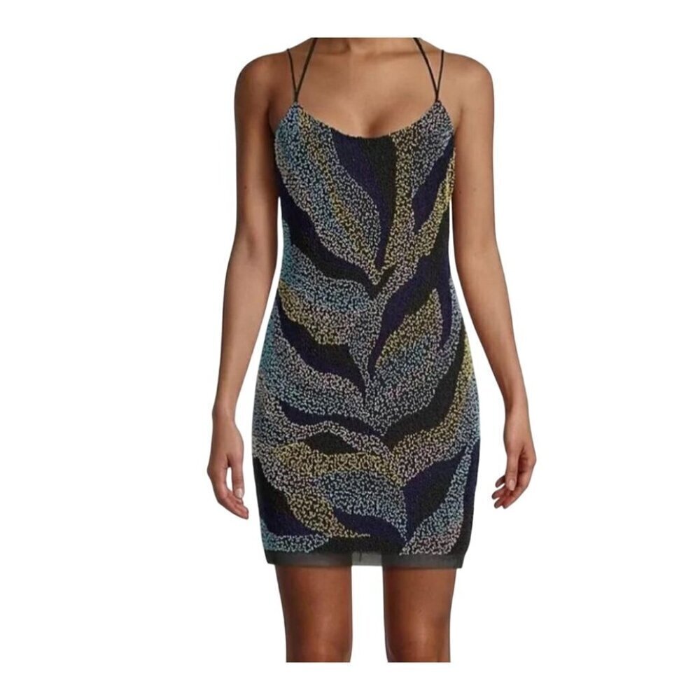 Aidan Sequin Tank Mini Dress 14 Multicolor Mesh Feminine Festival Glam Vegas 80s